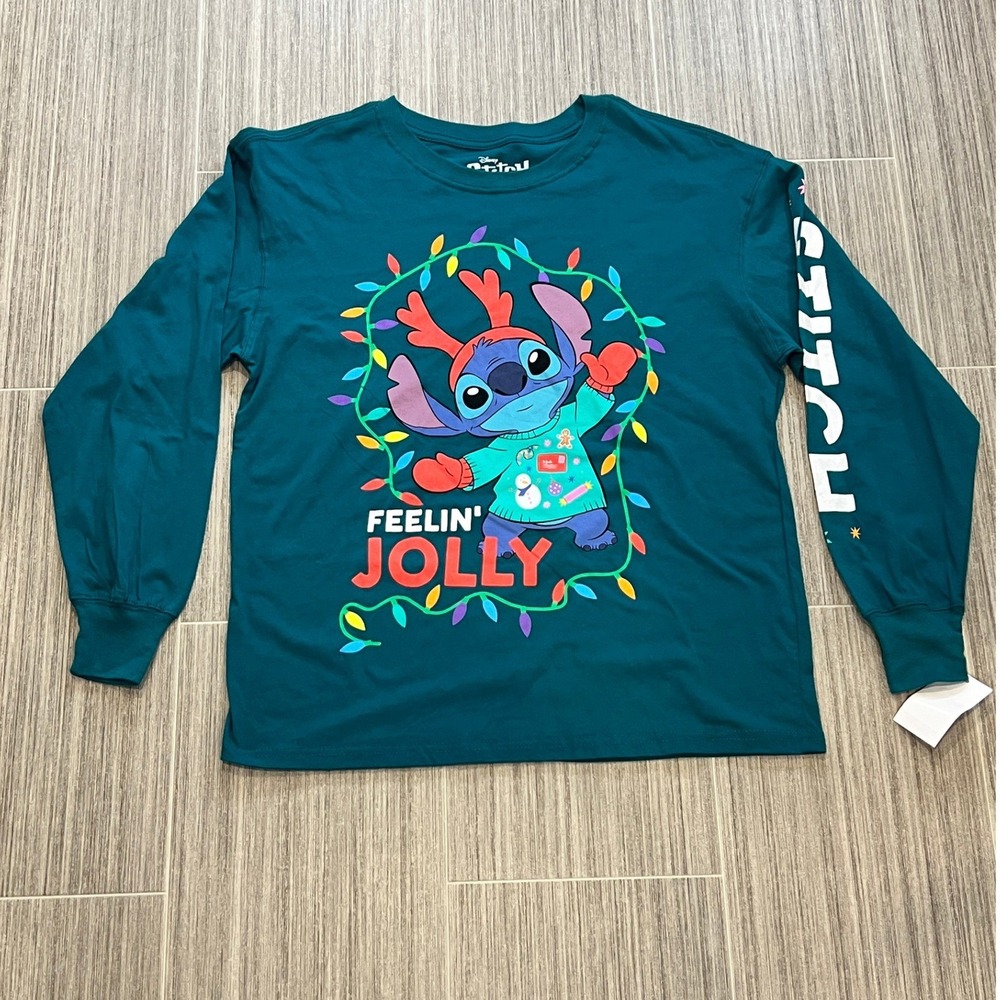 Disney Stitch‎ Feelin' Jolly Christmas Long Sleeve Shirt Holiday Graphic Tee NWT